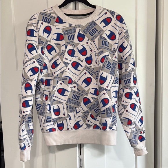 Champion Crewneck Sweater White and Blue with Logo Pattern sz s - Picture 1 of 5